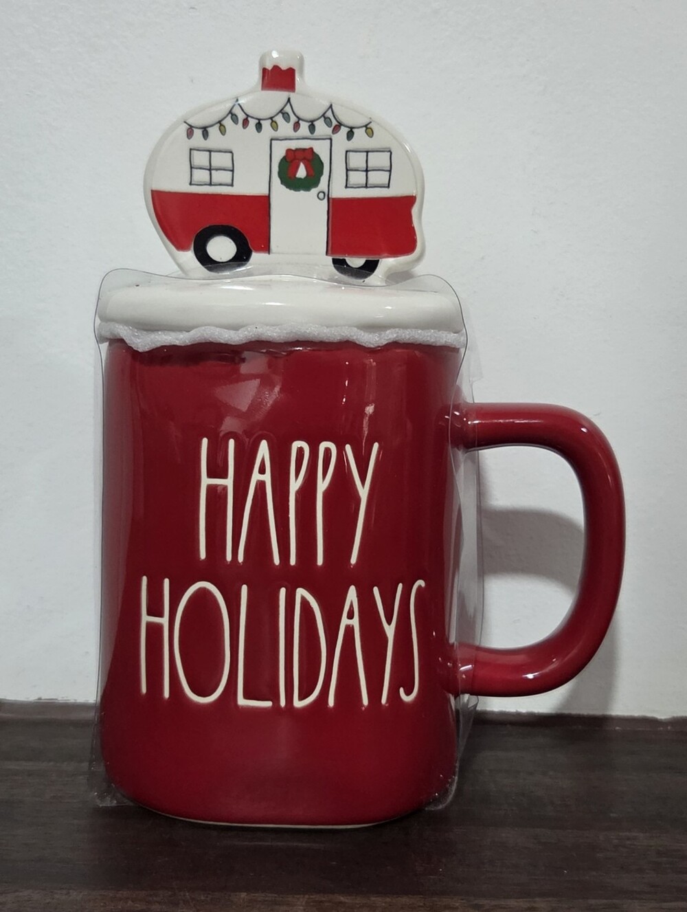 Rae Dunn Happy Holidays Red Festive Ceramic Mug with Camper Lid